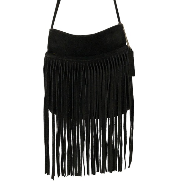 Vintage Bags Vintage Paradox Black Suede Fringe Crossbody Bag